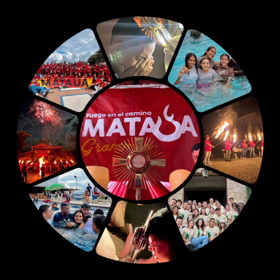 Collage circular de momentos de MATAÜA: la fogata, la piscina, la oración y el logo del campo